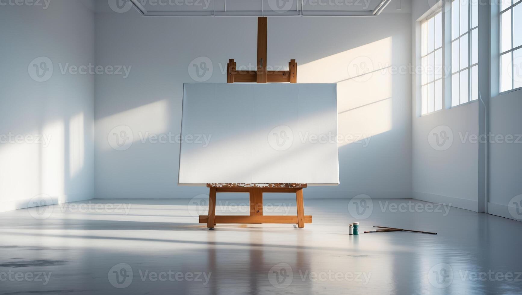 Blank canvas on easel in bright, spacious art studio during afternoon sunlight photo
