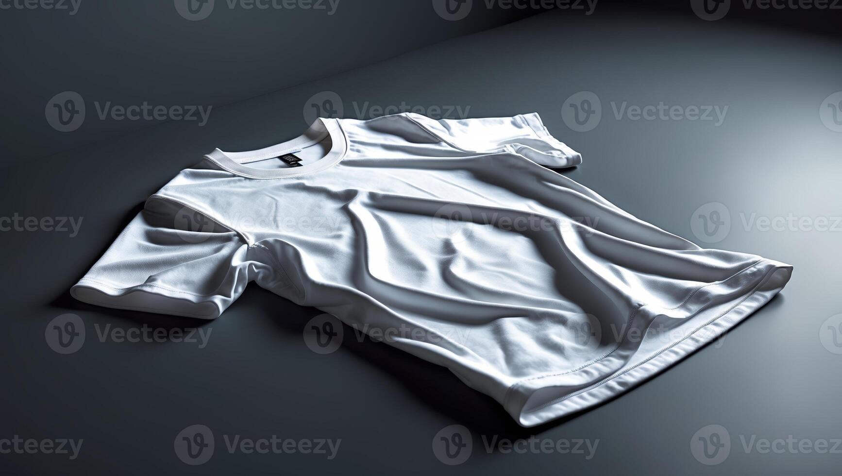 White cotton t-shirt laid on a dark surface with soft shadows in a minimalistic setting photo