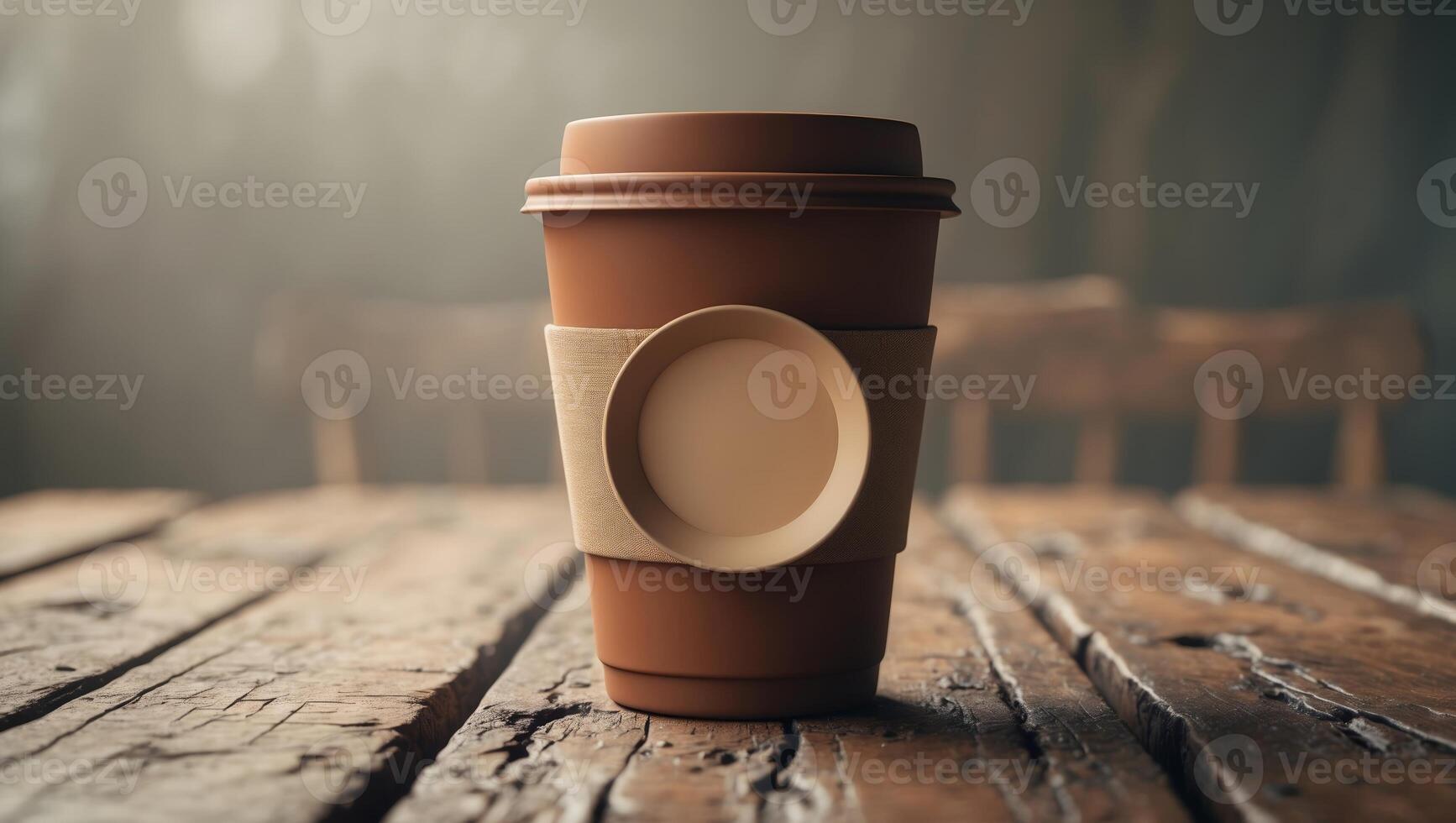 Warm coffee cup rests on a rustic wooden table in a cozy cafe during the morning hours photo