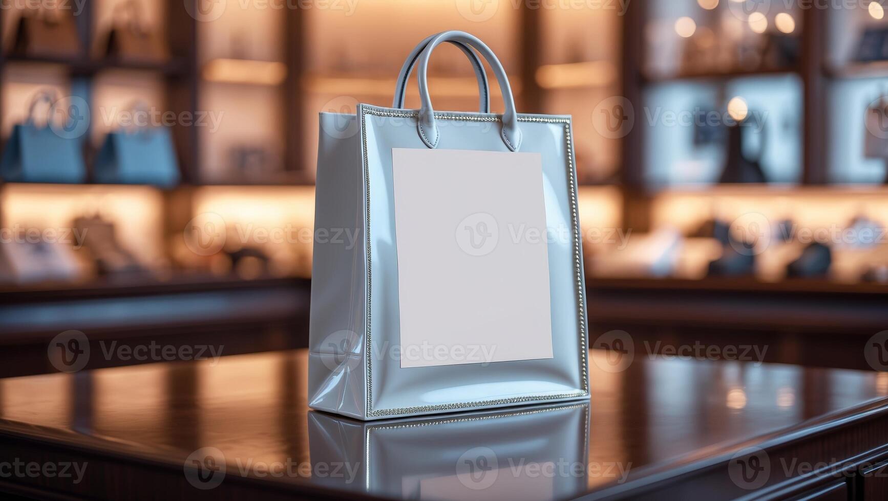 Stylish shopping bag displayed on a counter in a chic retail store showcasing an elegant interior design and ambient lighting photo