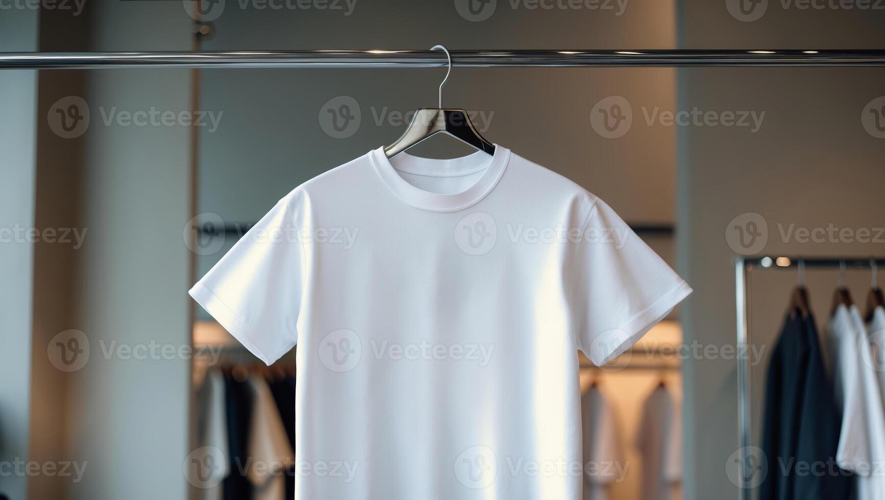 Display of a plain white t-shirt on a hanger in a modern retail store setting during daylight hours photo