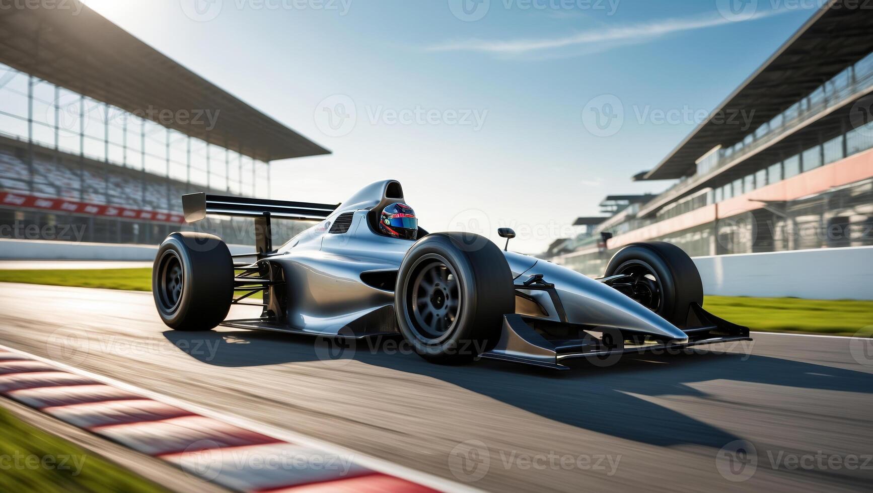 Racing car speeds around circuit during sunny day at motorsport venue photo