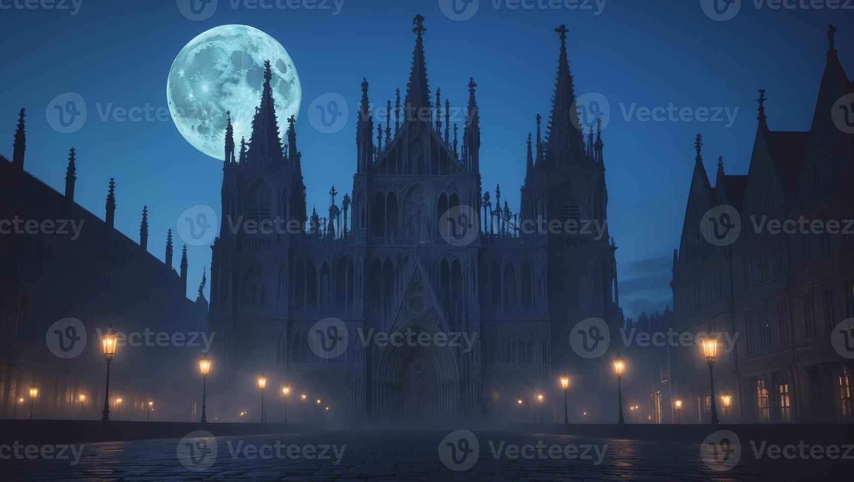 Intriguing night view of a Gothic cathedral illuminated by street lamps under a full moon photo