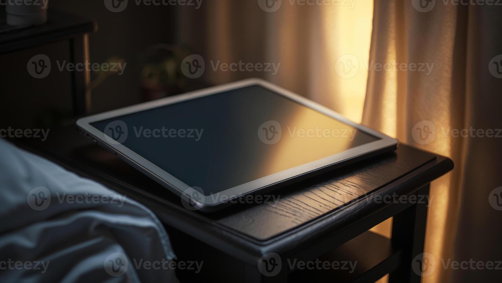 Tablet resting on a bedside table with soft sunlight filtering through curtains in a cozy bedroom environment photo