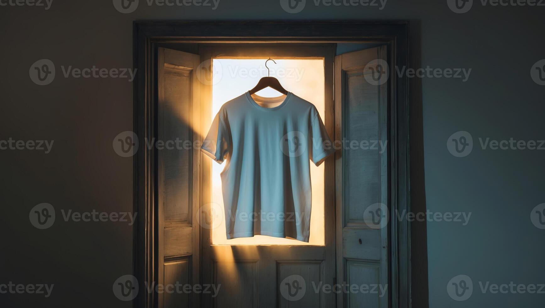 Light shines through a doorway illuminating a hanging shirt in a dark room during evening hours photo