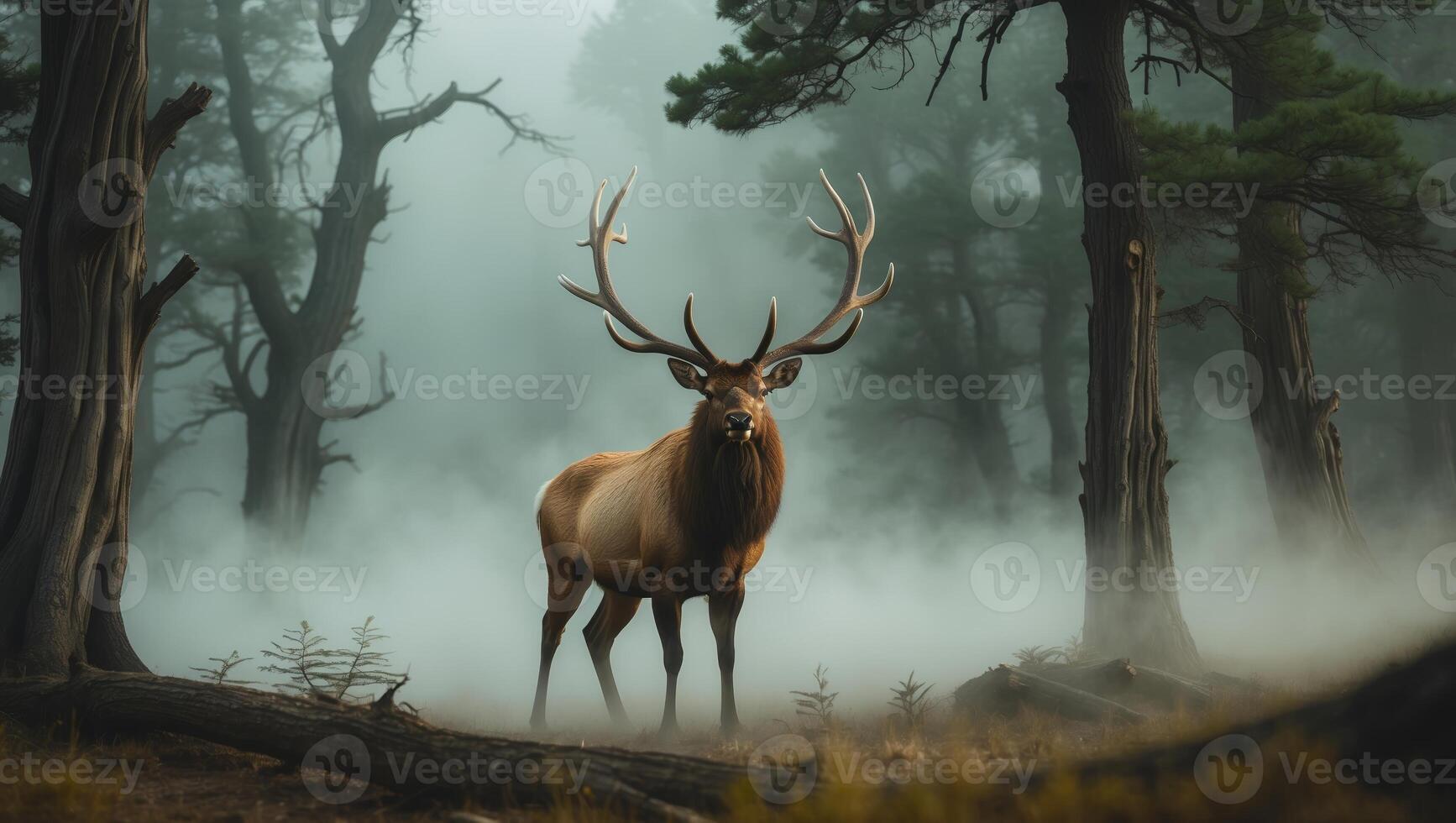 Majestic elk stands amid fog in a serene forest at dawn photo