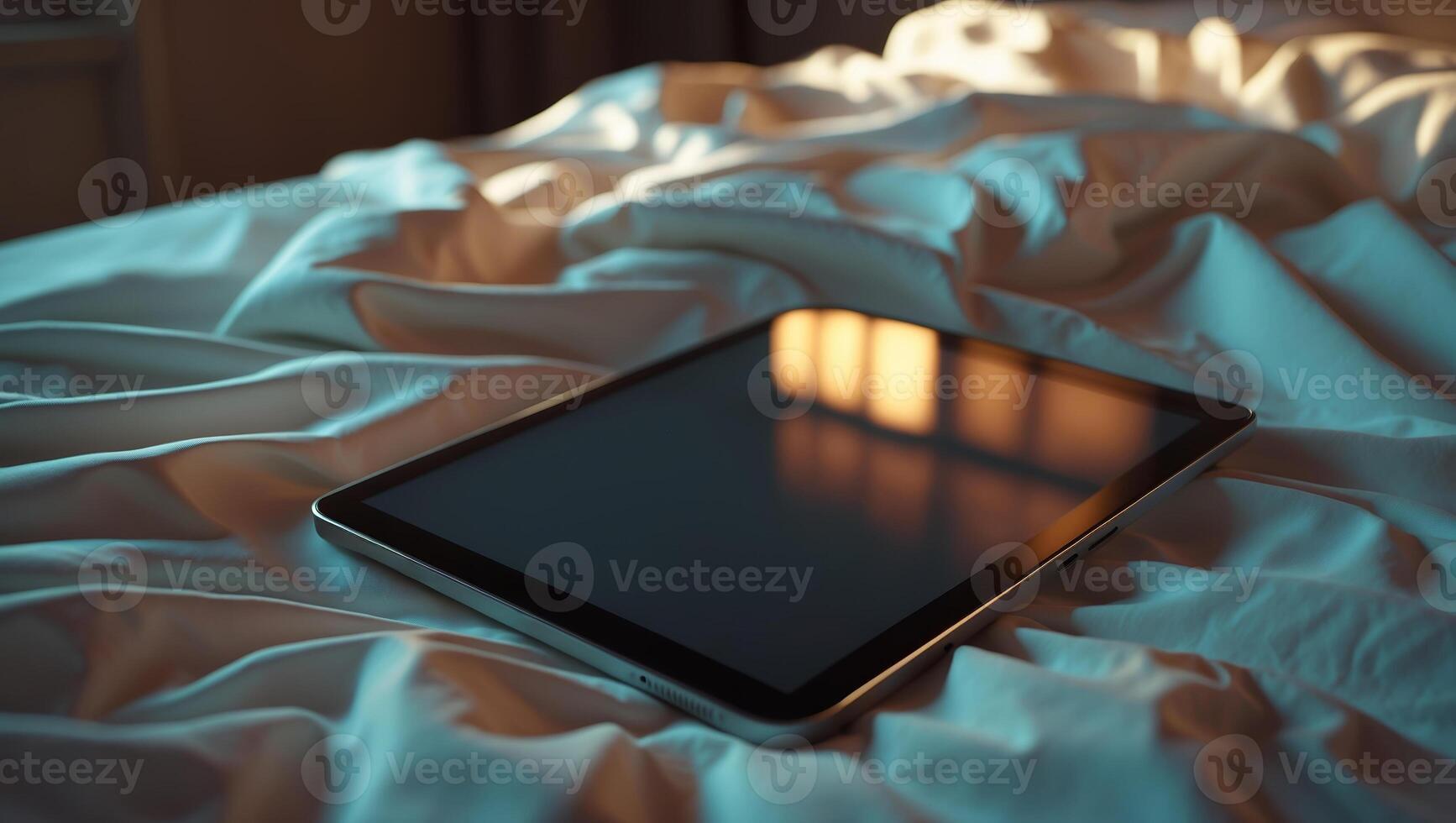 Tablet resting on a neatly made bed with soft light in the background during the evening photo