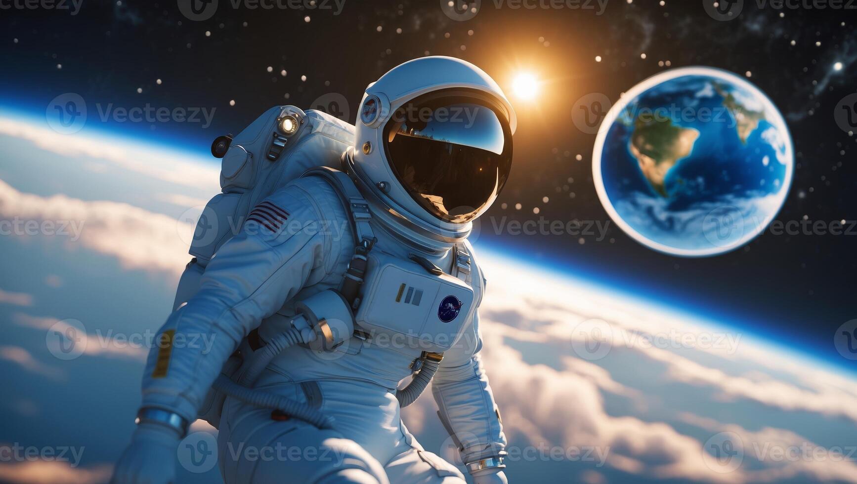 Astronaut floating in space with Earth visible in the background during a bright orbit photo