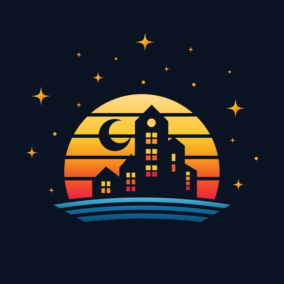 NIght city moon and stars flat illustration vector