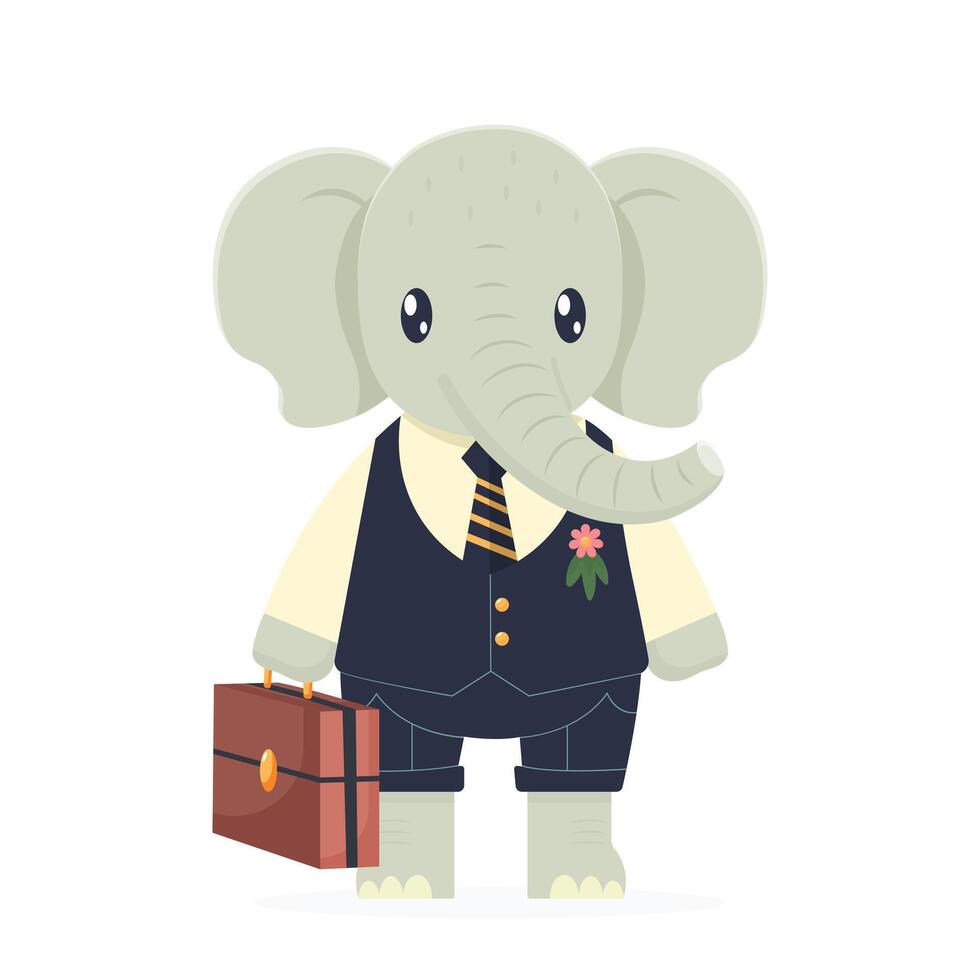 cute elephant in a suit holding a suitcase flat illustration isolated on white background vector