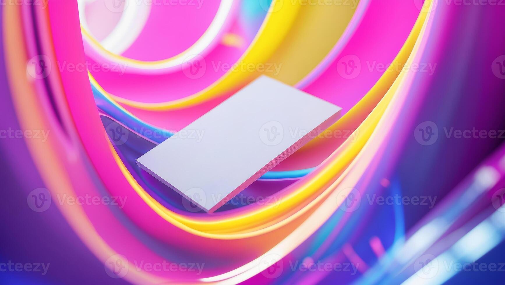 Bright colors and smooth lines create an abstract composition with a card floating in vibrant spirals photo