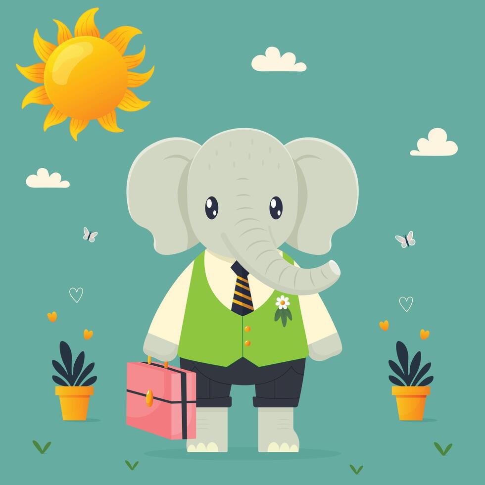 cute elephant with a pink suitcase on a sunny spring day flat illustration vector