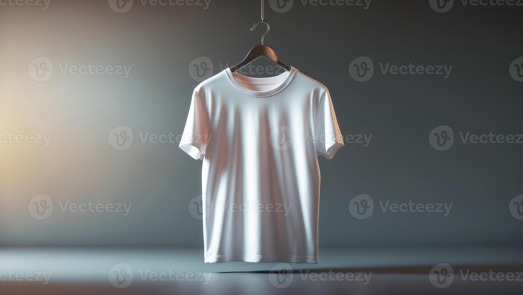 Simple white t-shirt displayed on a hanger in a minimalistic studio setting with soft lighting photo