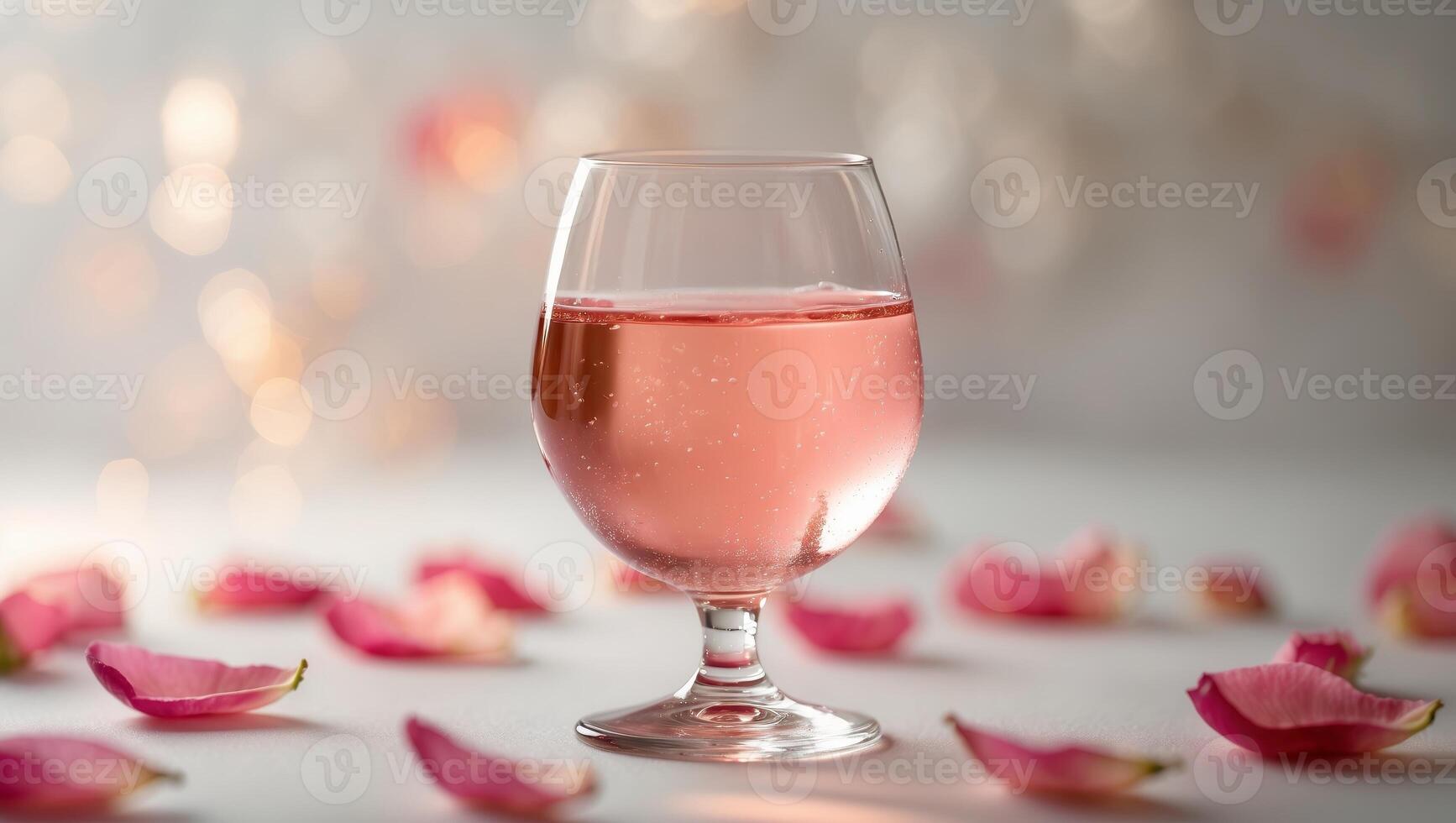 Refreshing glass of sparkling rose wine surrounded by delicate rose petals in soft lighting photo