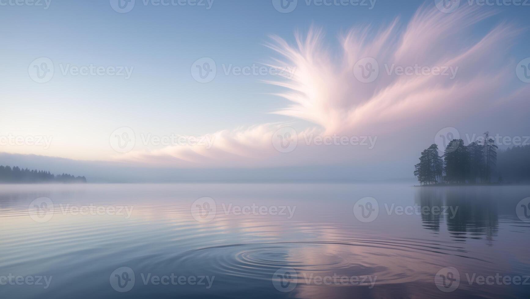 Gentle morning mist envelops a serene lake with vibrant clouds reflecting on calm waters photo