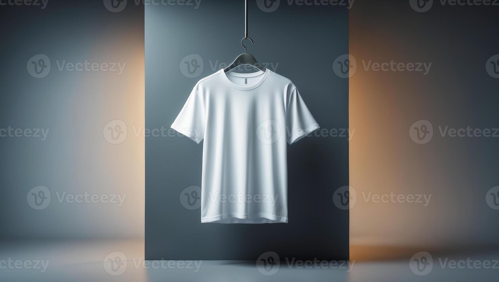 White short-sleeve t-shirt displayed in a modern, minimalistic setting with soft lighting photo