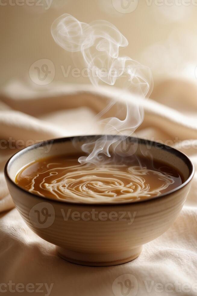 Warm bowl of creamy coffee with swirling steam against a soft fabric backdrop in a cozy setting photo