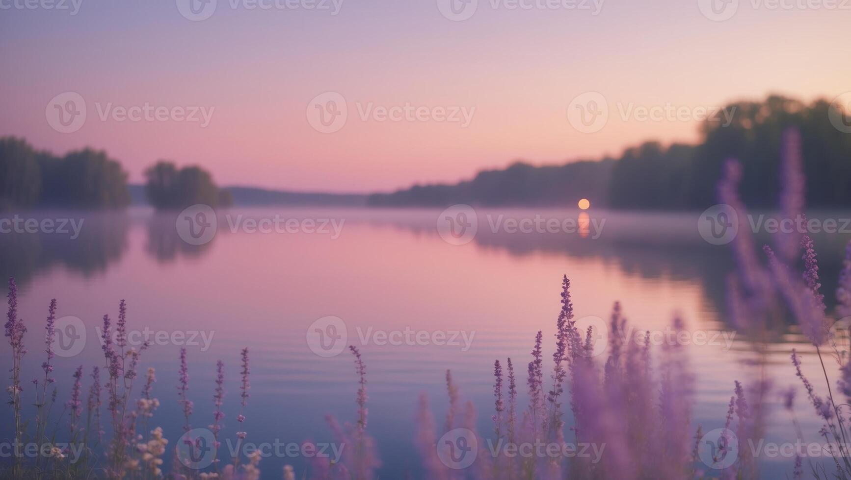 Serene twilight over a calm lake with wildflowers in the foreground at dusk photo