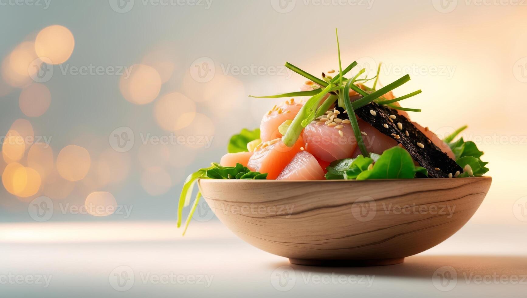 Fresh sashimi salad featuring colorful fish and garnishes served in a wooden bowl with a blurred background of light photo