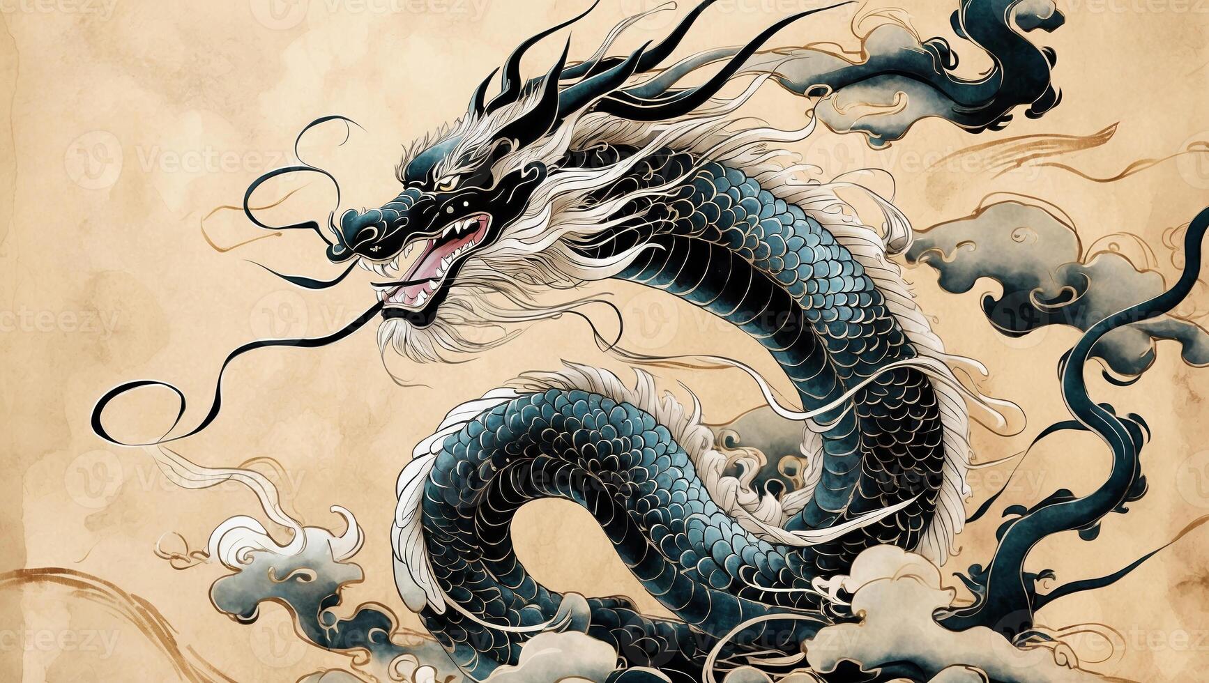 Majestic blue dragon entwined among swirling clouds in traditional Asian art style photo