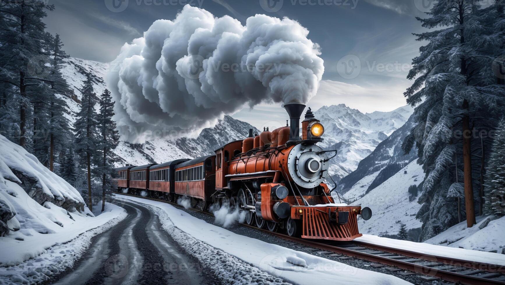 Majestic steam train travels through snowy mountain pass with towering peaks and evergreen trees photo
