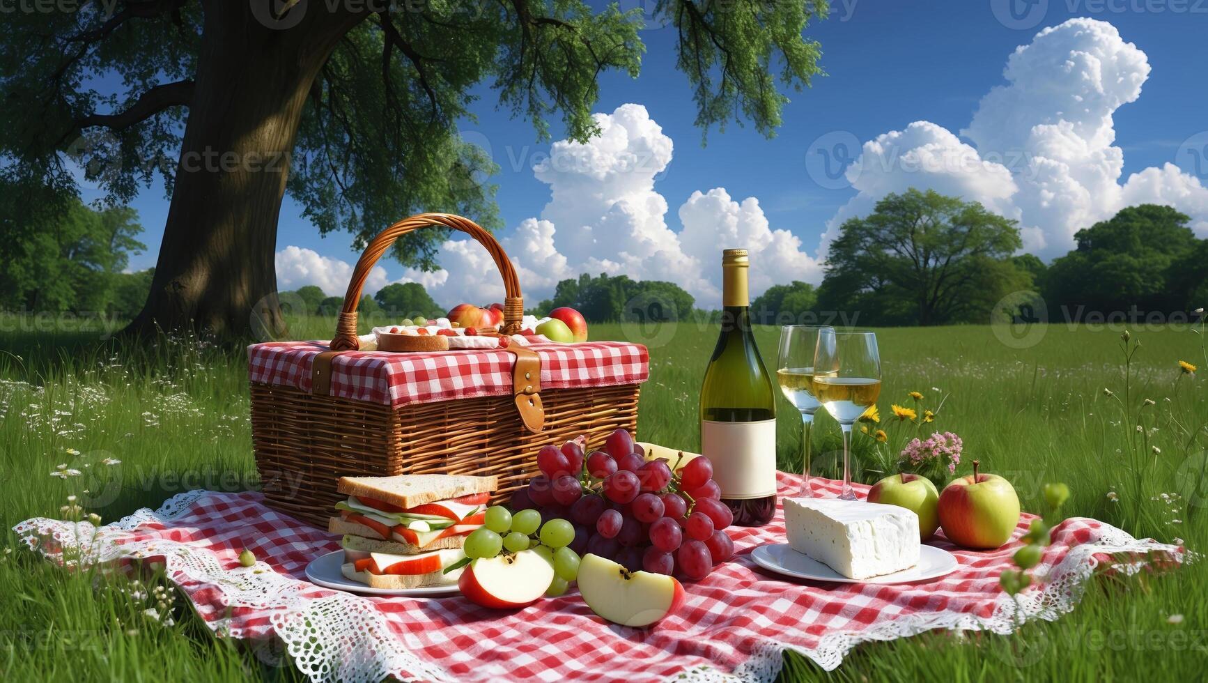 Enjoying a delightful picnic under a sunny sky in a beautiful green meadow with friends and delicious food photo