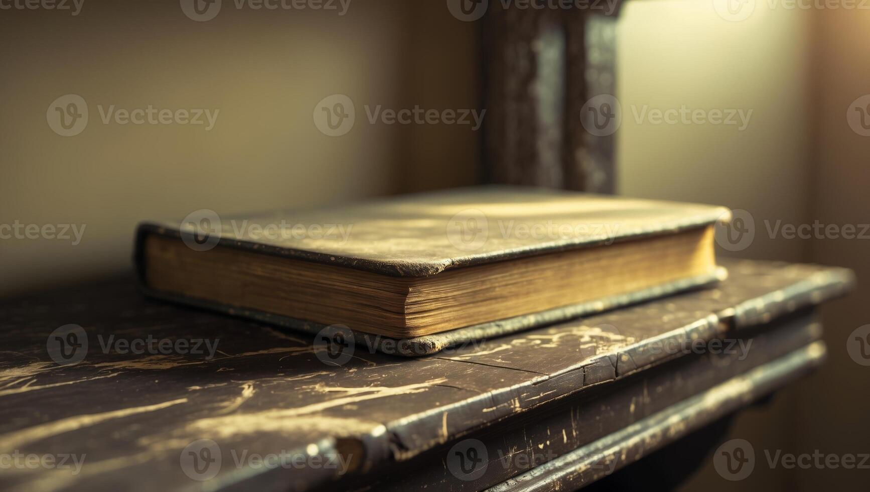 Old book resting on a rustic wooden shelf in a dimly lit room with warm tones and vintage decor photo