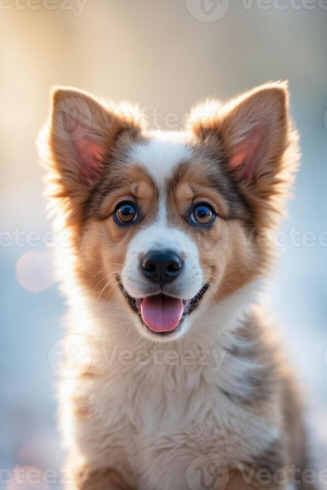 Happy corgi puppy enjoying a bright day outdoors with a joyful expression photo