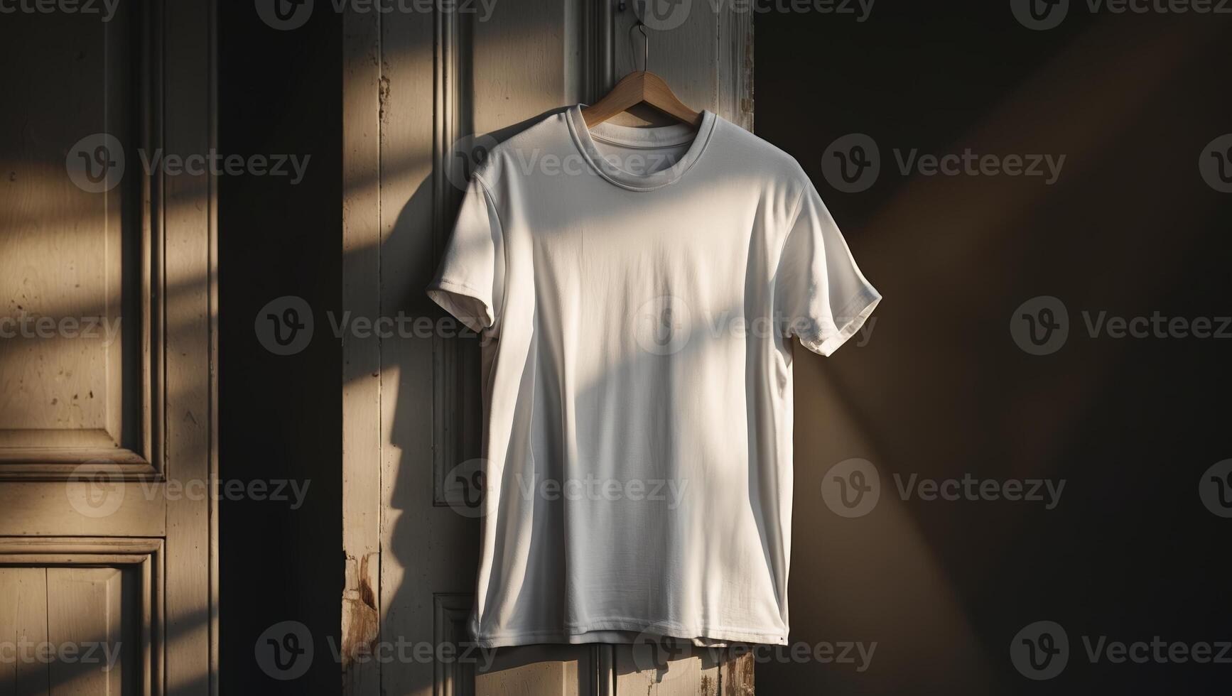 Minimalist t-shirt hangs on a wooden hanger in a softly lit room with shadows at sunset photo