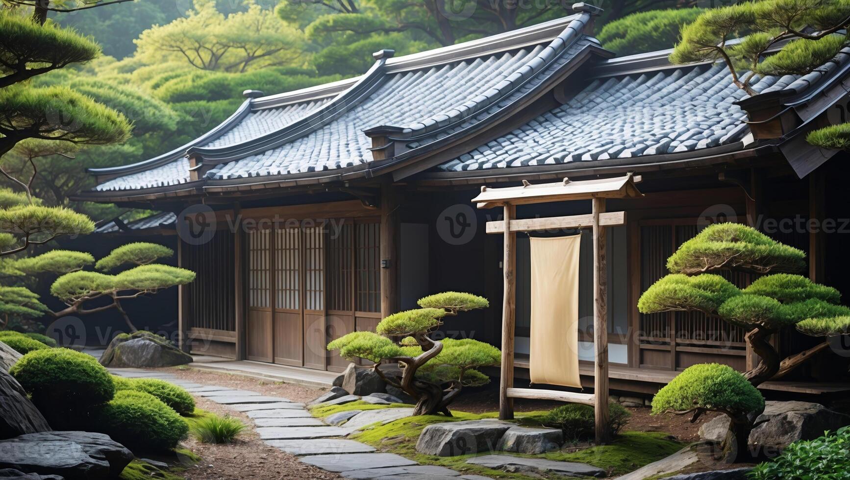 Serene Japanese garden with traditional architecture and carefully manicured bonsai trees near a tranquil pathway photo