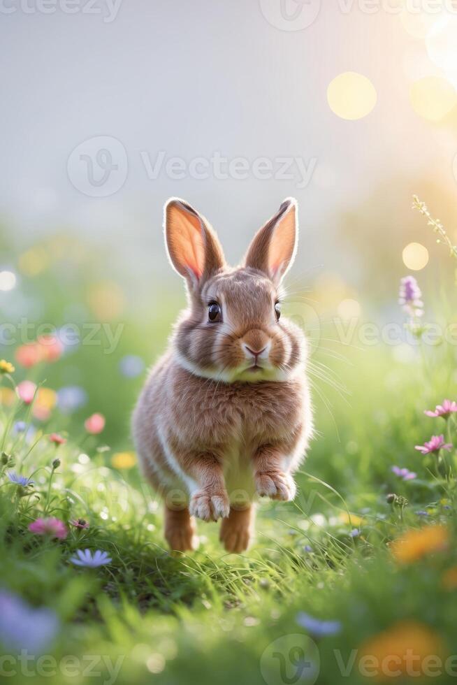 Rabbit leaps joyfully through a vibrant spring meadow filled with wildflowers under warm sunlight photo