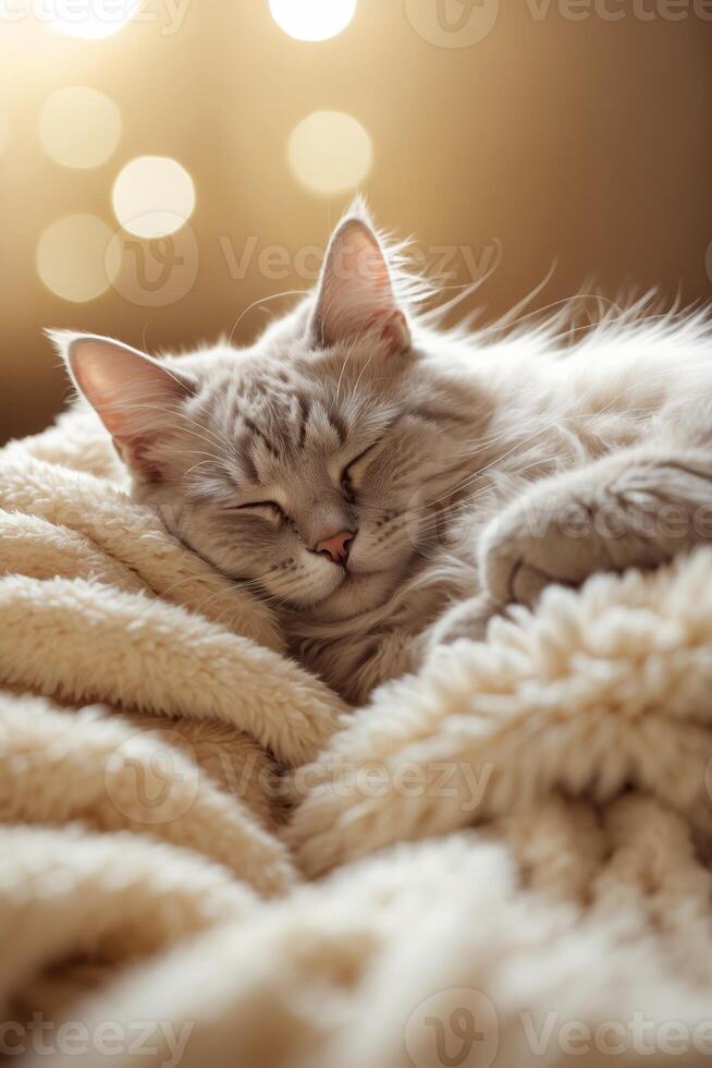 Soft white cat peacefully sleeps on a cozy blanket in warm, ambient light during a calm afternoon photo