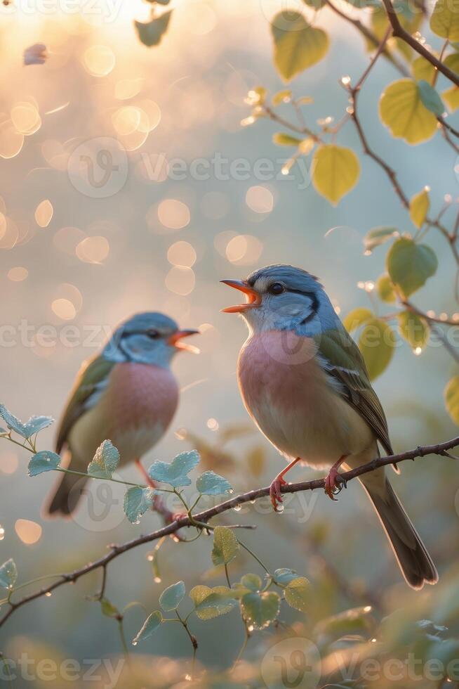 Vibrant songbirds perched on a branch greet the morning light in a tranquil forest setting photo
