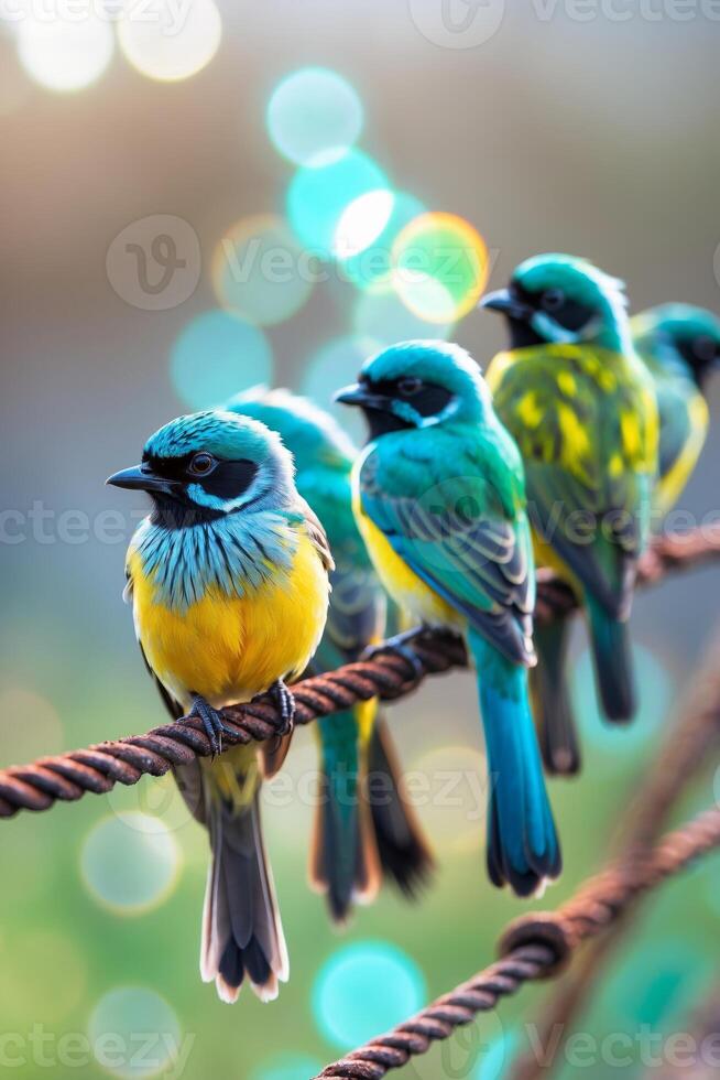 Colorful birds perched on a wire amidst a shimmering backdrop on a sunny day photo