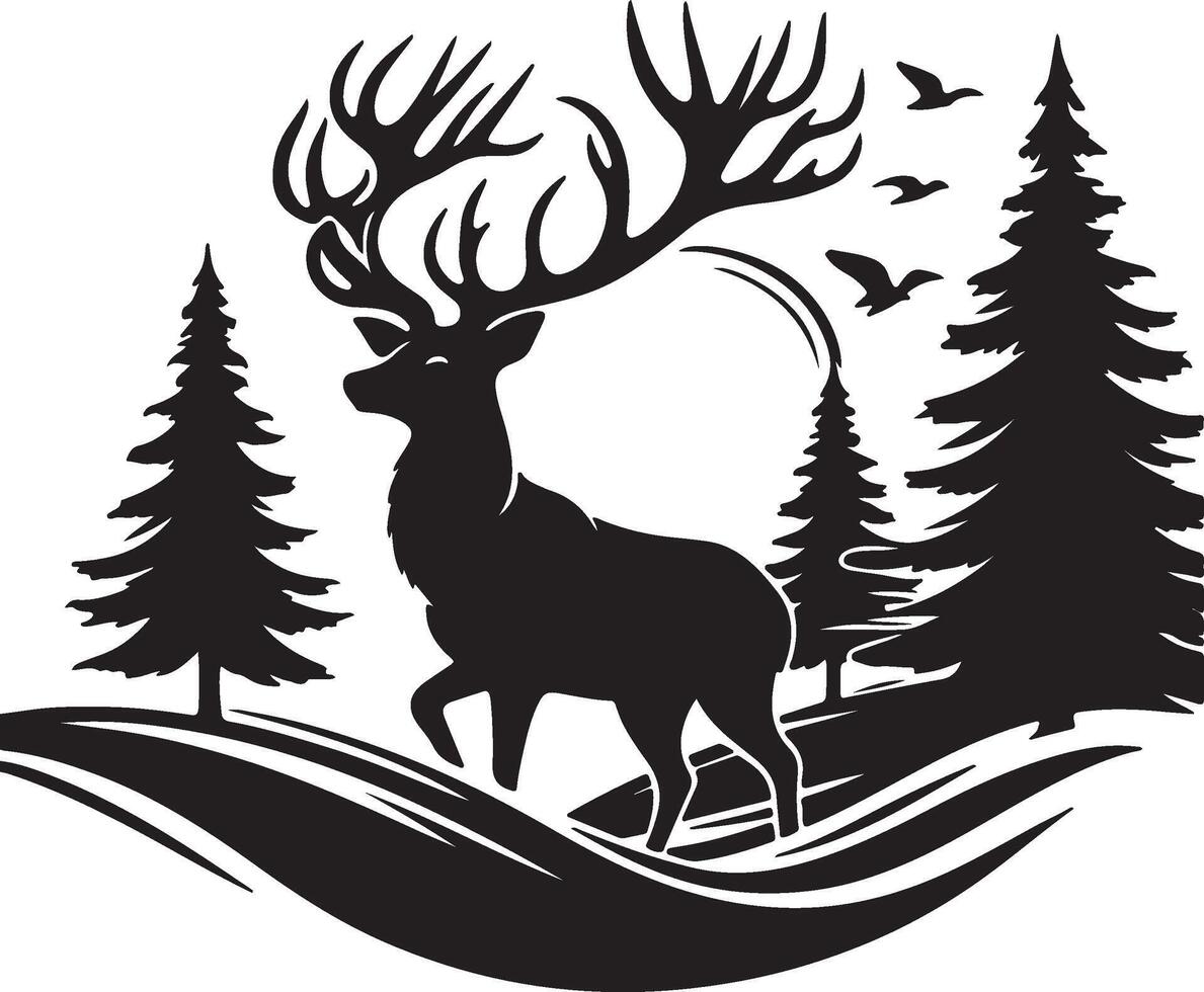 Deer in the forest with trees and birds vector