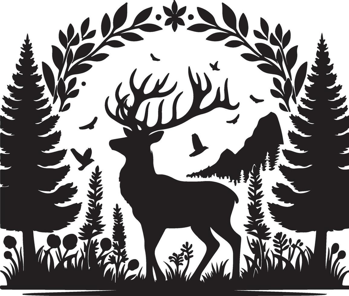 Silhouette of a deer in the forest with trees and birds vector