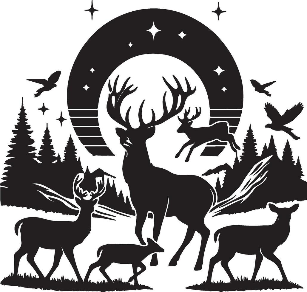 Deer and birds in the forest with the moon and stars vector