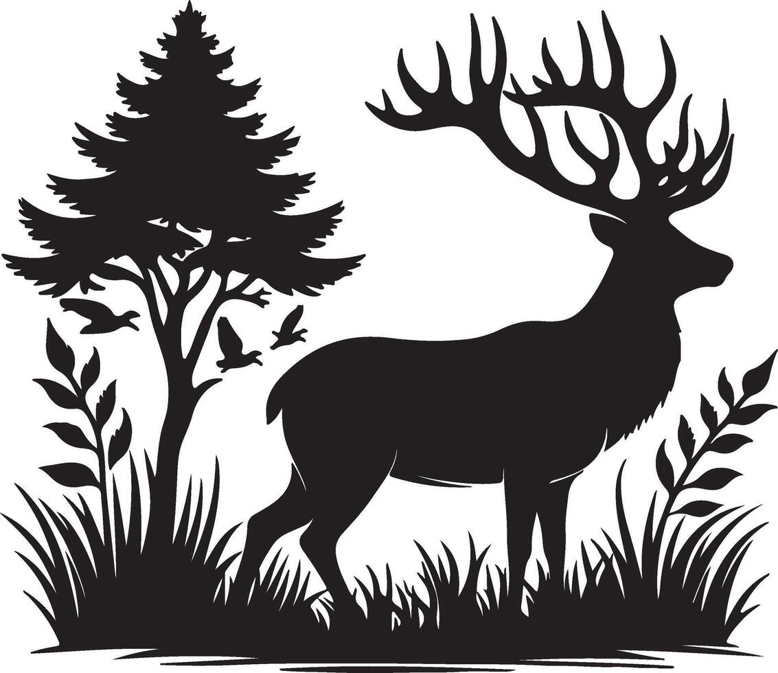 Silhouette of a deer in the forest with trees and birds vector