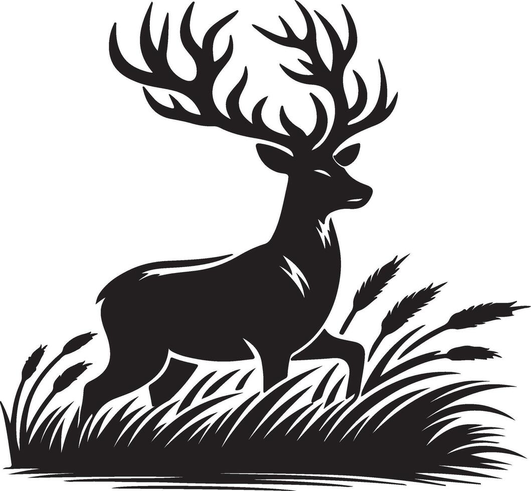 A black and white silhouette of a deer in the grass vector