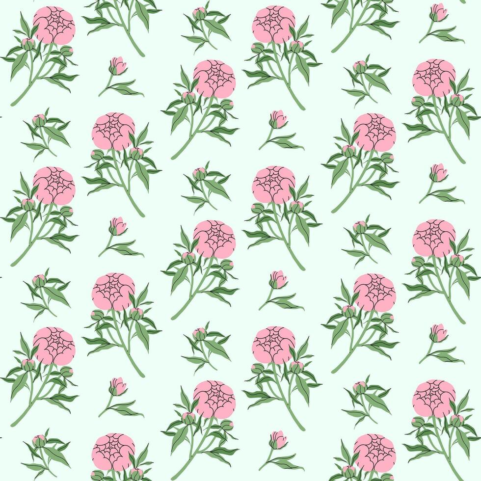 Minimalistic flowers seamless pattern. Delicate pink peony with stem and leaves, small bud on mint background. Botanical spring pattern. For wallpaper, textiles, postcards. illustration. vector