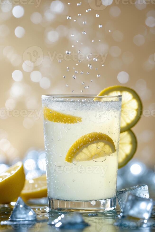 Refreshing lemonade drink with lemon slices and ice in a shimmering background at a summer gathering photo