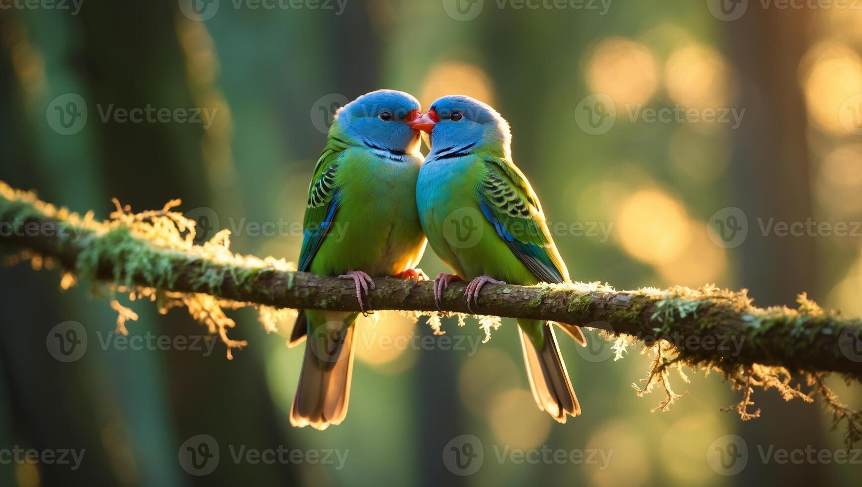 Beautiful blue parakeets display affection on a branch during golden hour in a serene forest setting photo