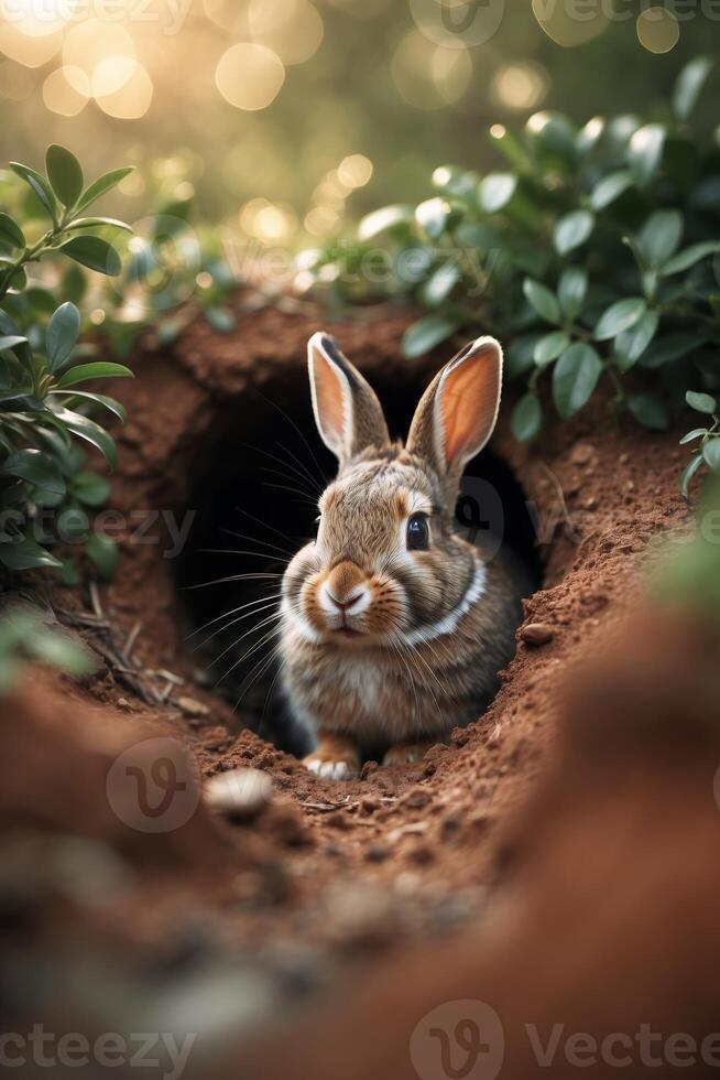 Curious rabbit peeks out from its burrow in a serene forest during golden hour photo