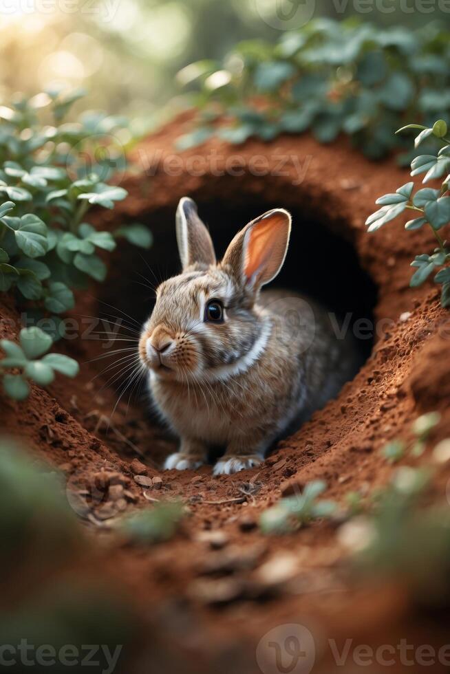 Rabbit emerges from burrow in a forest setting during the late afternoon light photo