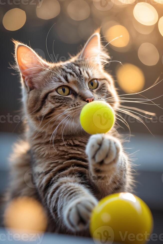 Playful cat interacts with bright yellow ball under warm bokeh lights in a cozy indoor space photo