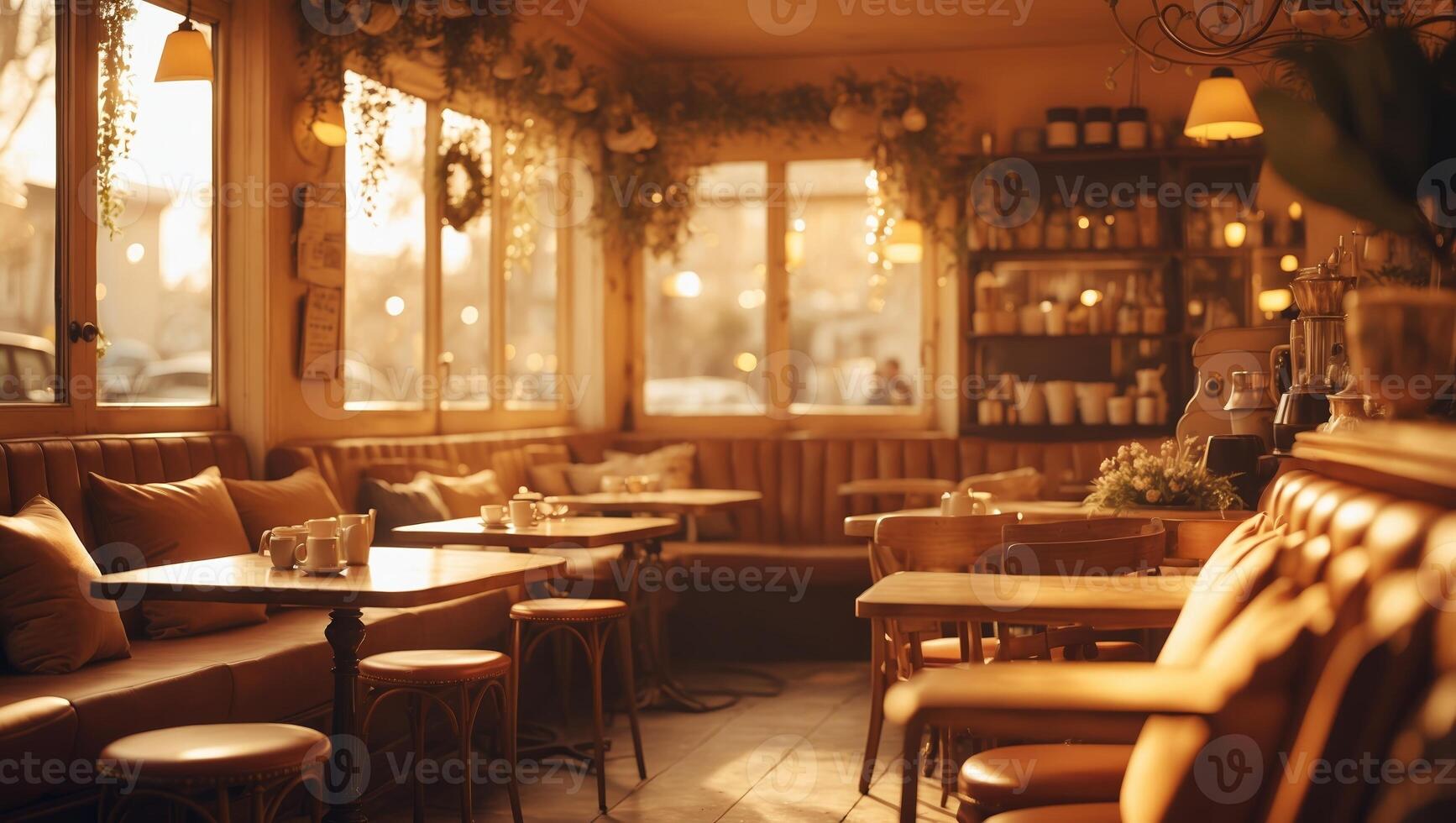 Cozy interior of a cafe adorned with warm lighting and lush decor during golden hour photo