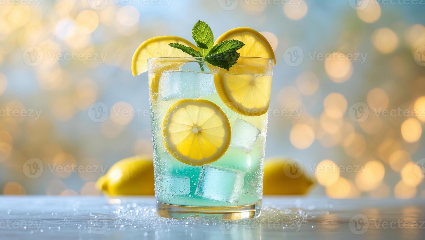 Refreshing drink with lemon slices and mint served in a glass on a bright background photo