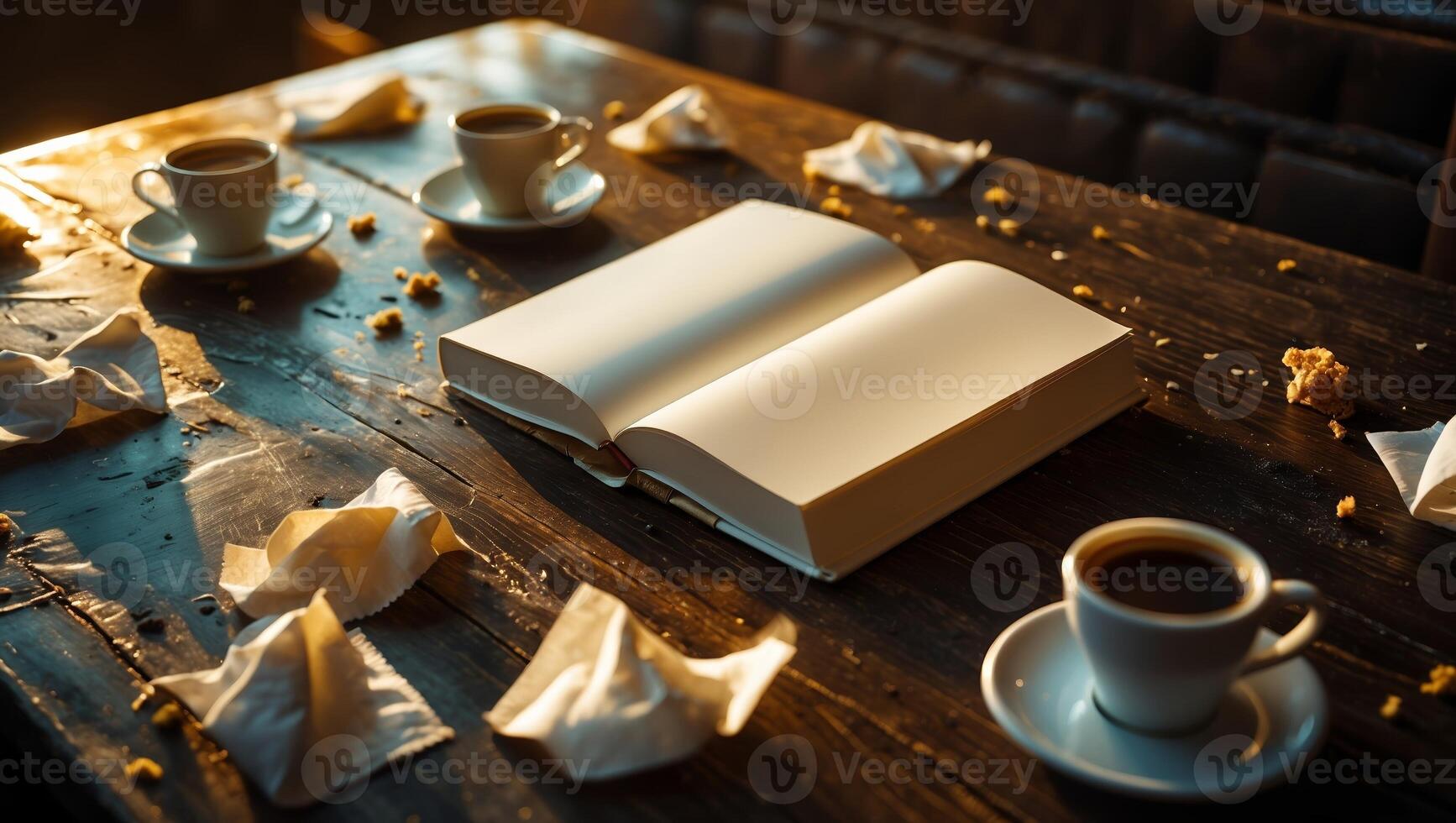 Cozy cafe setting with open book and coffee cups on wooden table during golden hour photo