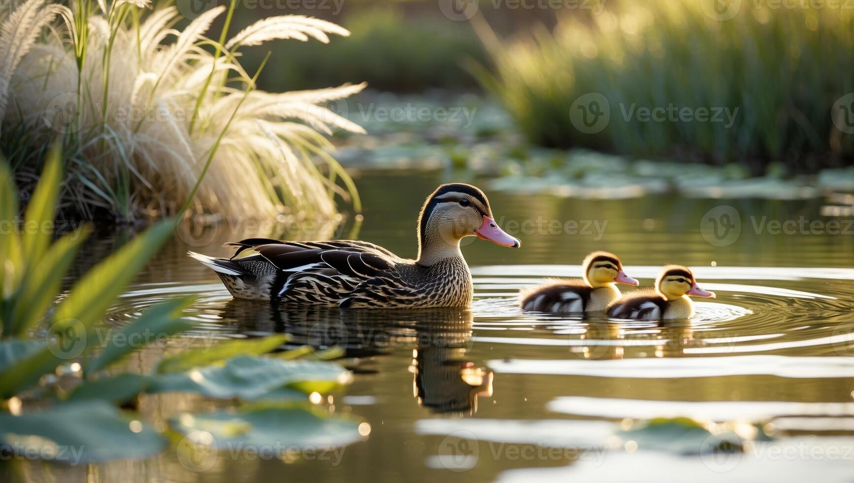 Mother duck and her ducklings swim peacefully in a serene pond during golden hour photo
