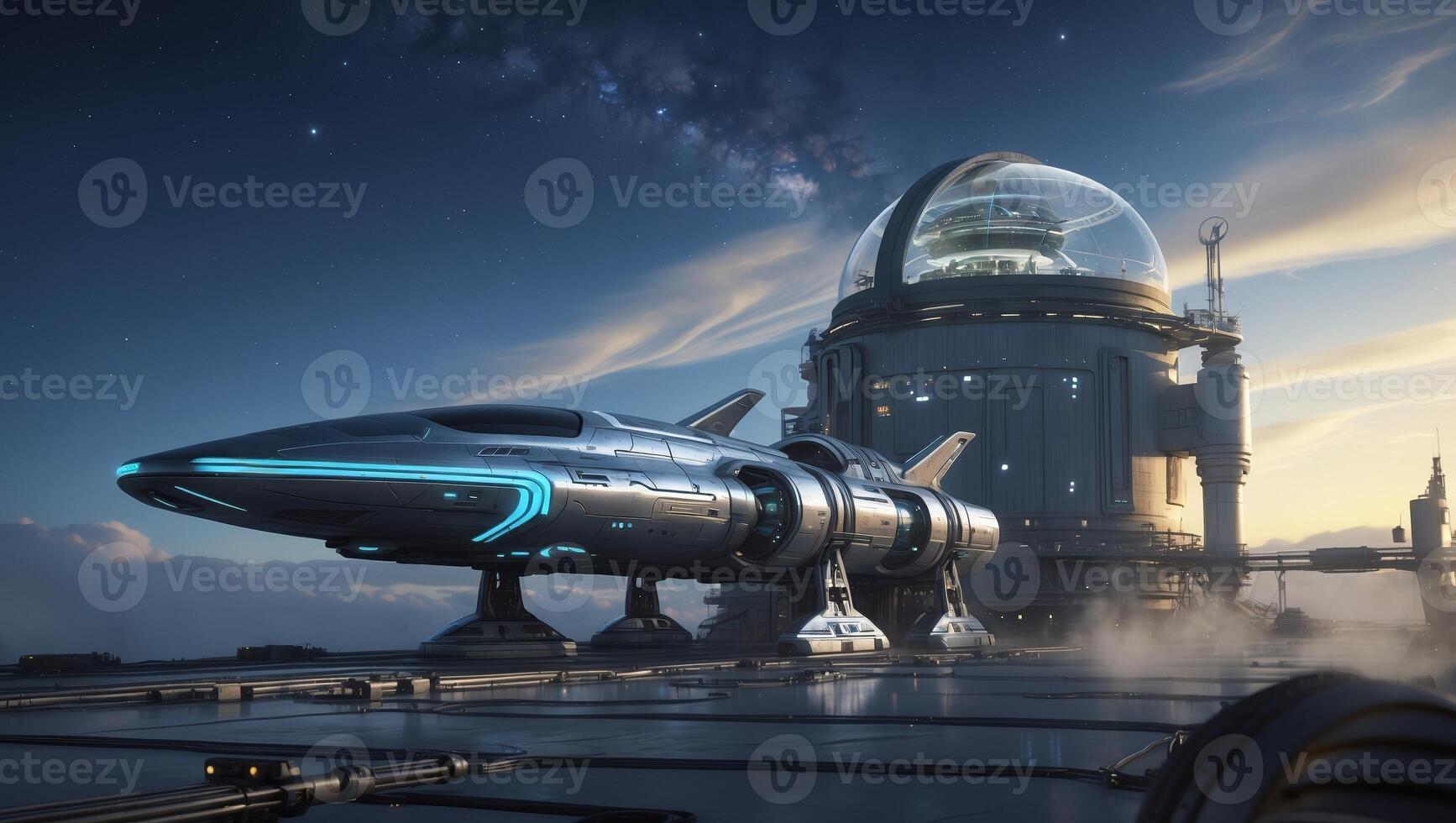 Spaceship docked at futuristic station under a starry sky during twilight photo